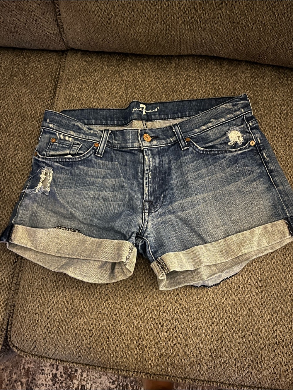 7 For All Mankind Rolled Cuff Distressed Denim Shorts - Blue
